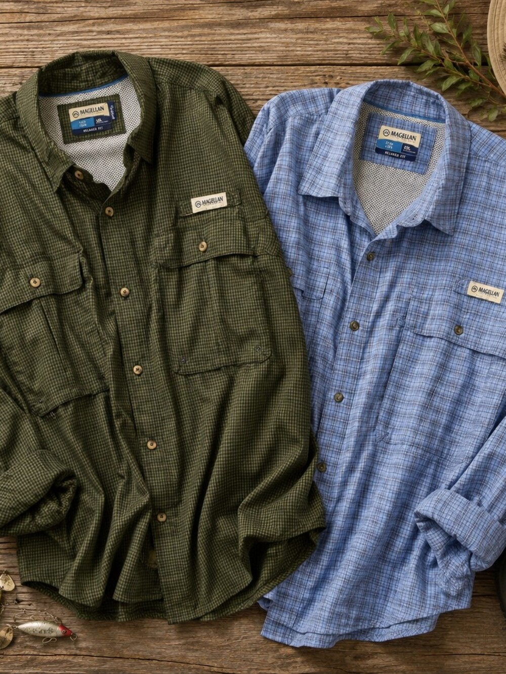 Magellan Lot Of 2 Fish Gear L Sleeve Green Gingham & Blue Plaid Shirts. Mens 4XL